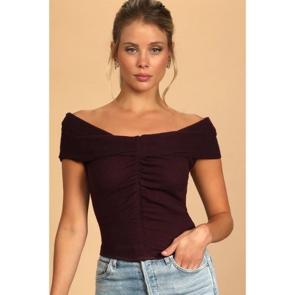 FREE PEOPLE This Cutie Ruched Off-The-Shouder Top Black Raisin - Picture 6 of 7